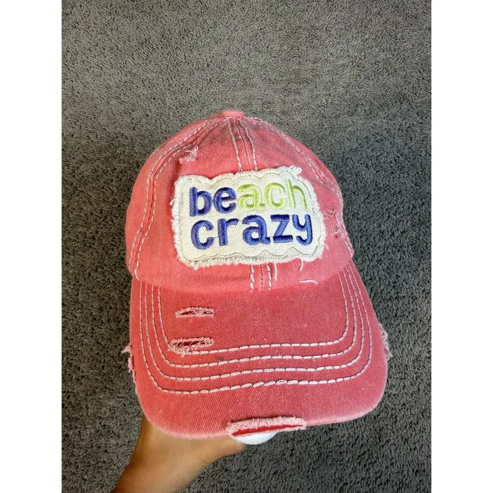 BEach Crazy Hat Cap Baseball Womens Adjustable Pink Pony Tail Beach Logo
